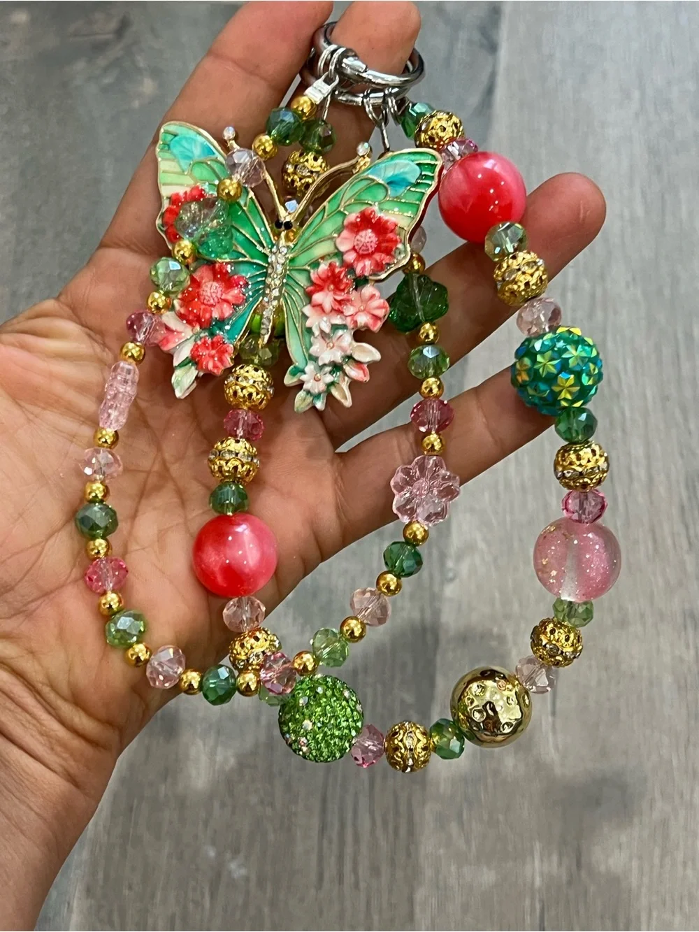 Handcrafted Butterfly Charm Beaded Bracelet - Green & Pink